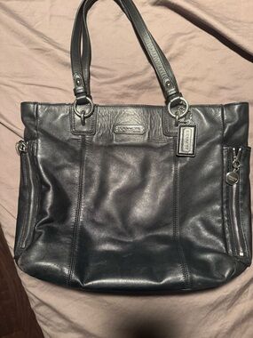 Coach Black Leather Tote with Dual Handles and Zip Accents